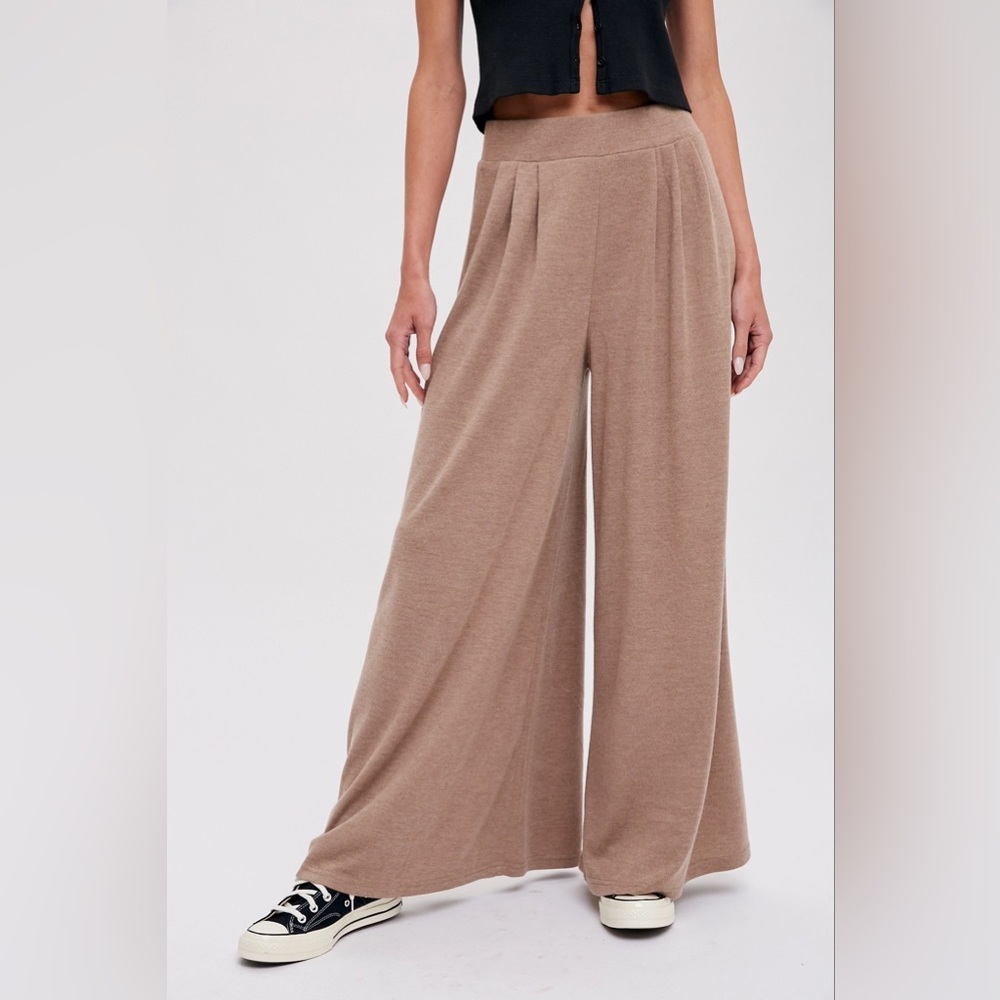 Bluivy Pintuck Wide Leg Knit Pull-on Elastic Waisr Pants in Latte Size Small